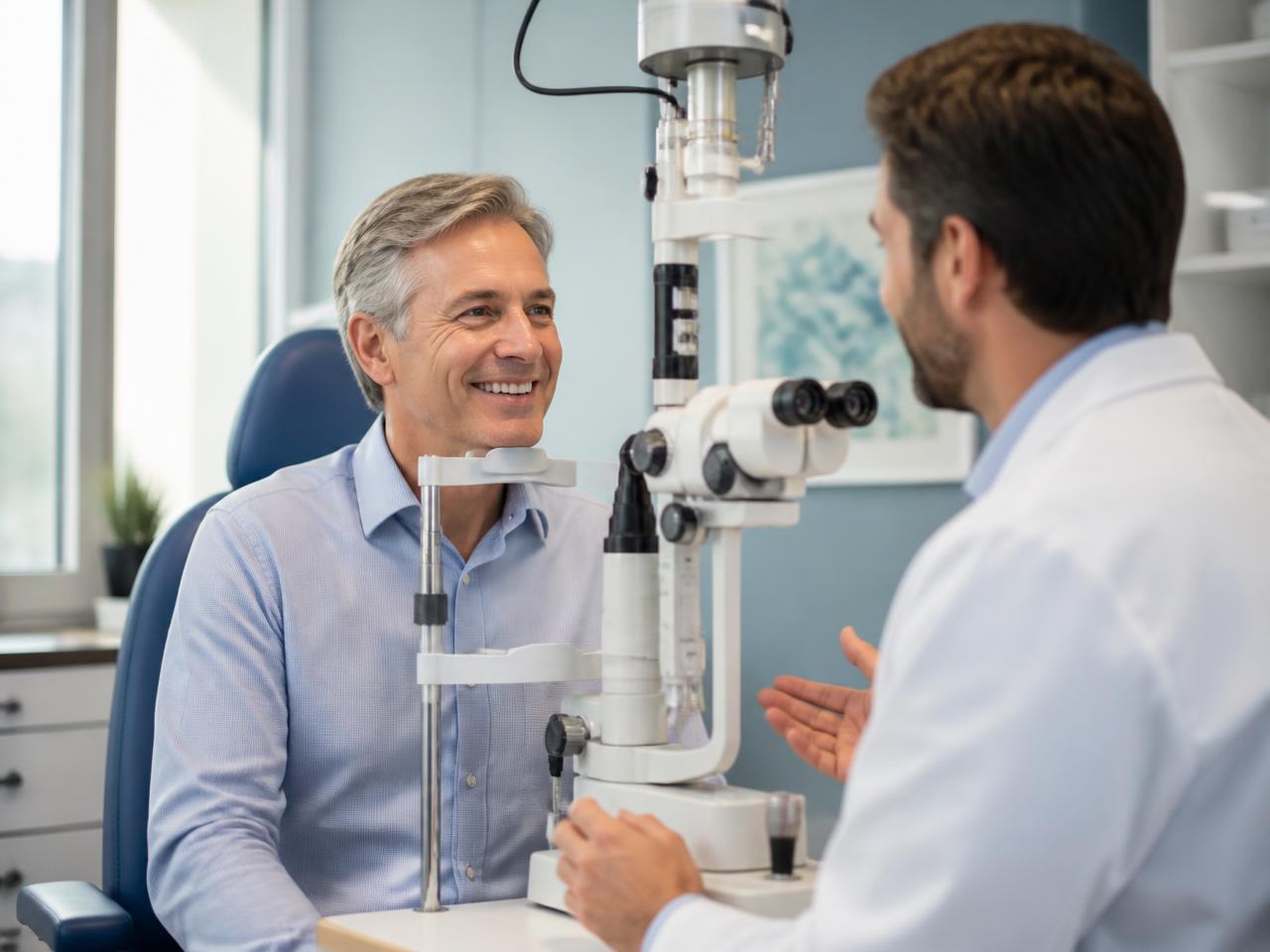 Eye care professional discussing autologous serum eye drop therapy with a patient in clinic