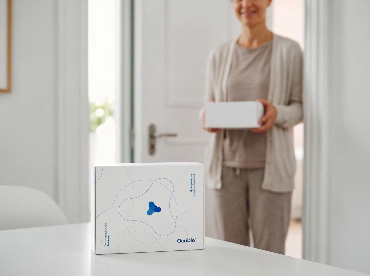 Patient receiving an Ocubio kit at home with a serum vial on the table