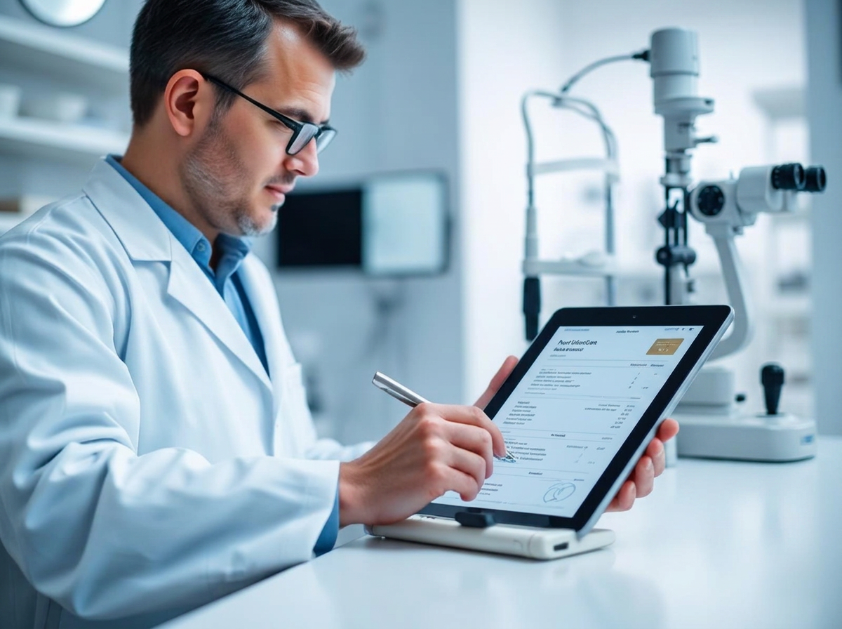 Doctor writing a prescription on a tablet in a modern clinic