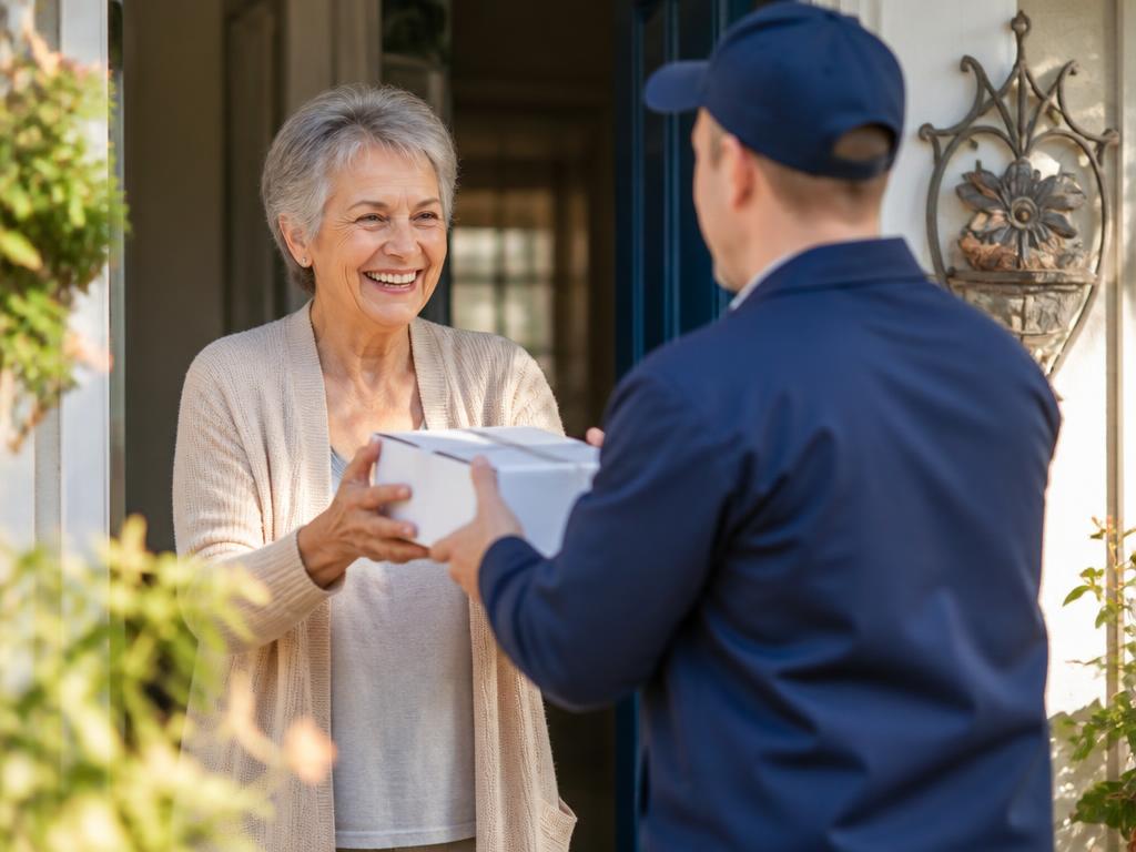 Patient receiving her serum eye drop shipment at her front door