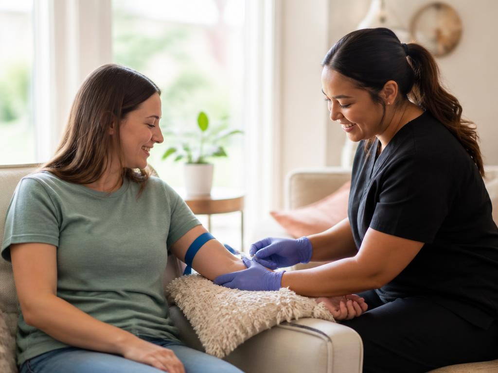 Phlebotomist drawing blood from a patient at home
